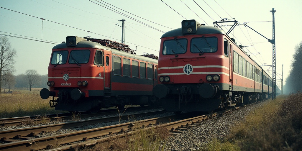 a train that is sitting on the tracks next to another train that is on the tracks and one of the car