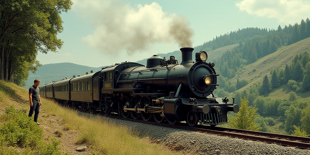 a train that is sitting on the tracks near a hill side with trees and bushes around it and a man sta