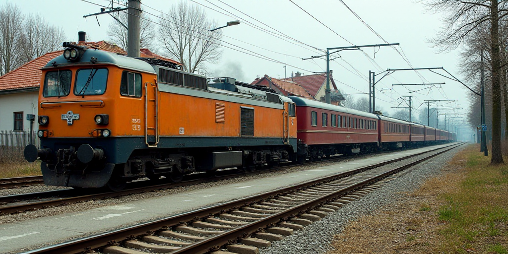 a train traveling down a train track next to a road and a building with a red roof and a red car, Ce