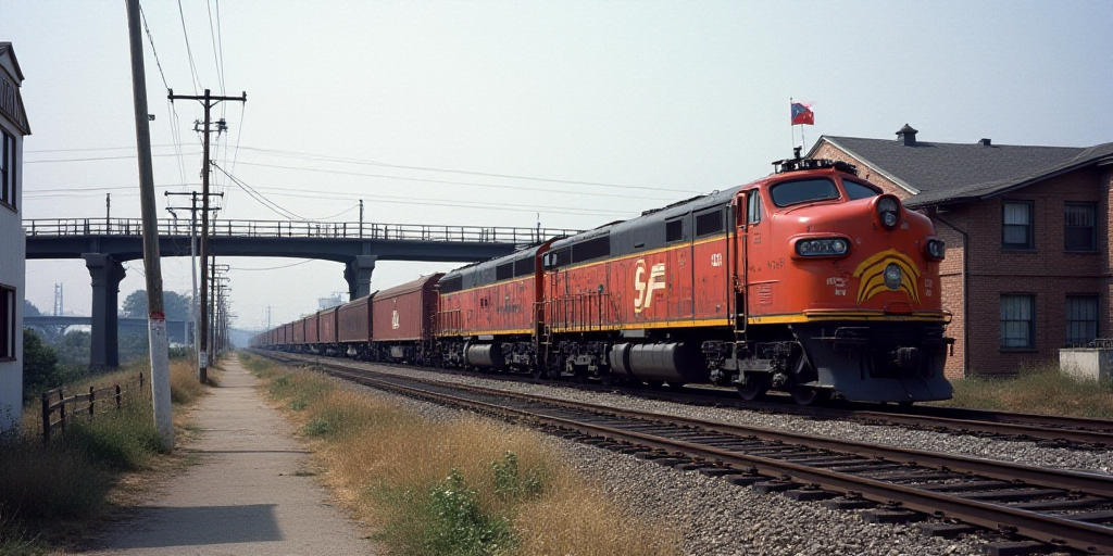 a train traveling down tracks next to a bridge and a building with a flag on it's side, Elbridge Aye