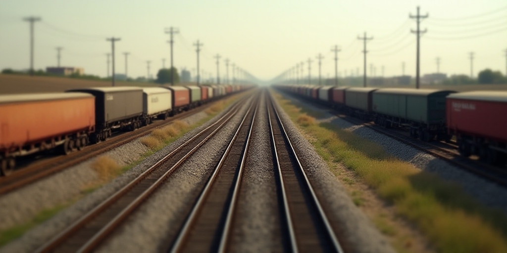 a train yard with a lot of train tracks and trucks on it's sides and a field in the background, Bouc