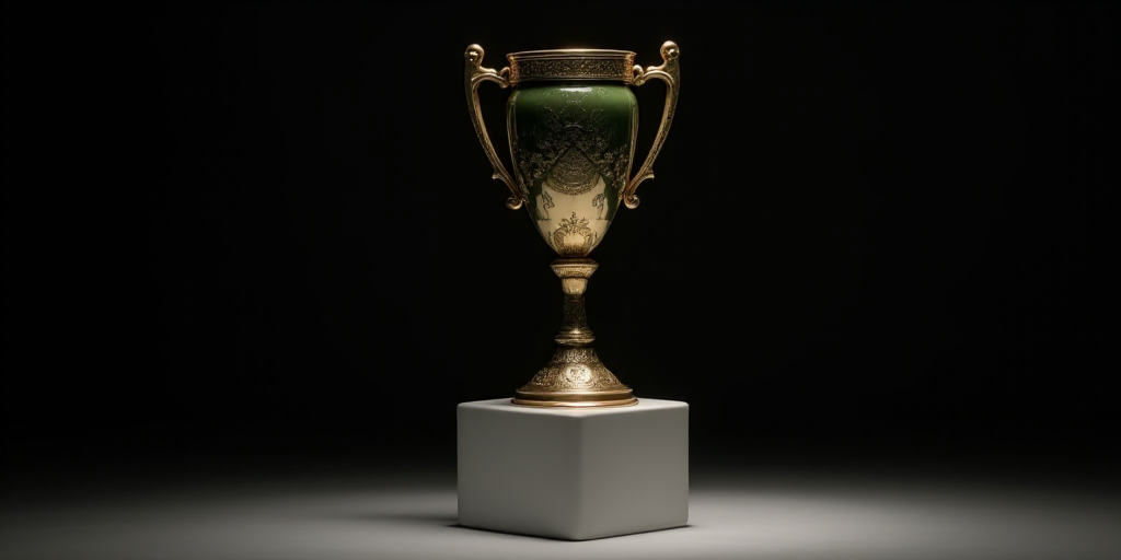 a trophy is displayed on a black background with a black background behind it and a white base with