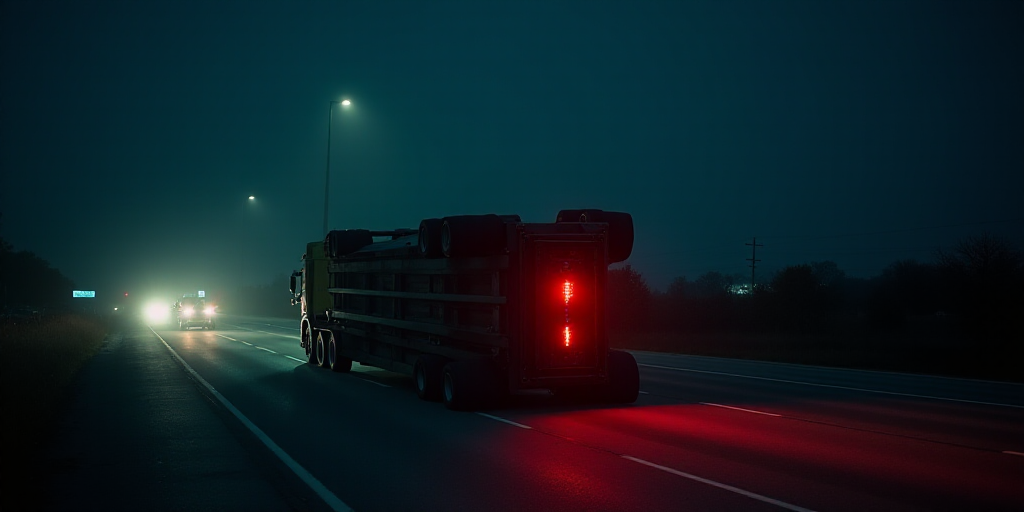 a truck that has been flipped over on its side on a highway at night time with a red light, Elbridge