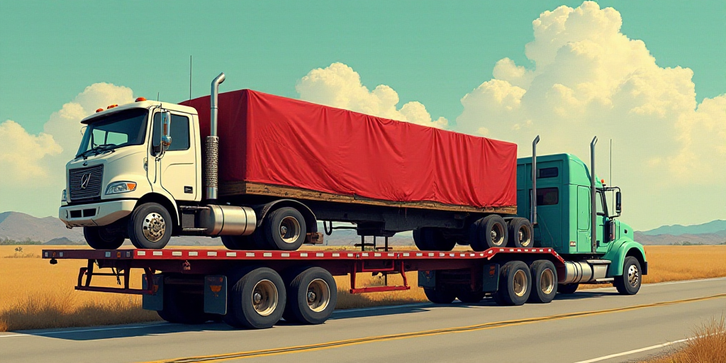 a truck with a red tarp on it is being towed by a truck with a red tarp on it, Estuardo Maldonado, h