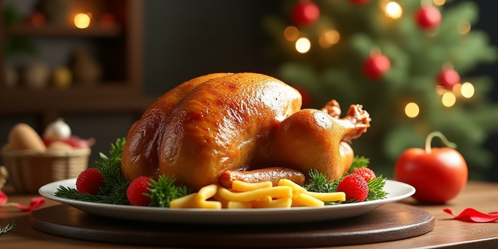 a turkey is sitting on a plate with a side of fries and a side of fruit and vegetables and a christm
