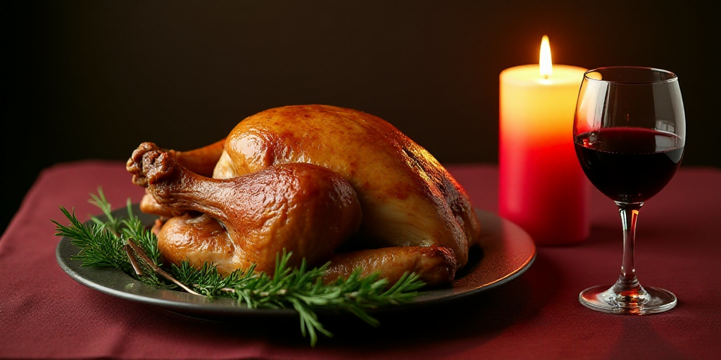 a turkey on a plate with a candle and a glass of wine on the side of the plate and a red candle, Chi
