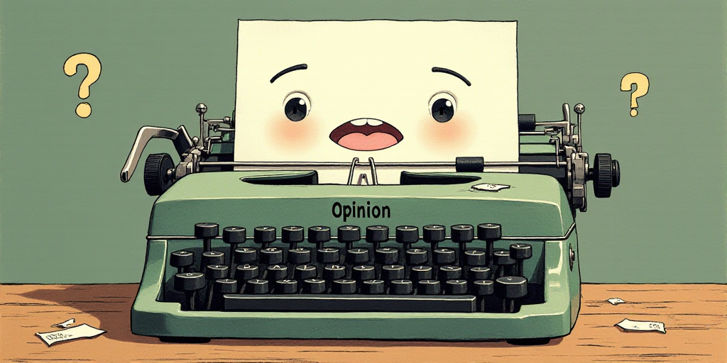 a typewriter with a face drawn on it and a caption for the words opinion and a question, Edward Otho