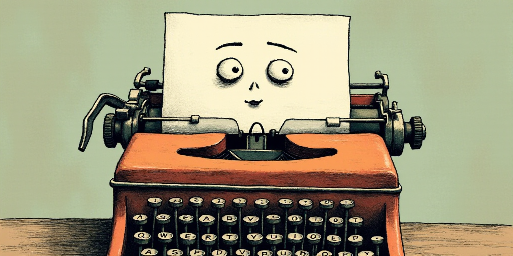 a typewriter with a face drawn on it and a caption for the words opinion and a question, Edward Otho