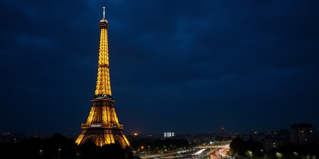a very tall tower with a clock on it's side at night time in paris, france, with lights on the top,