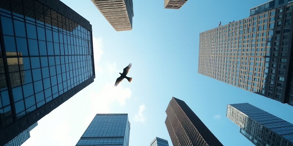a view of a building from the ground looking up at the sky and buildings in the background with a bi