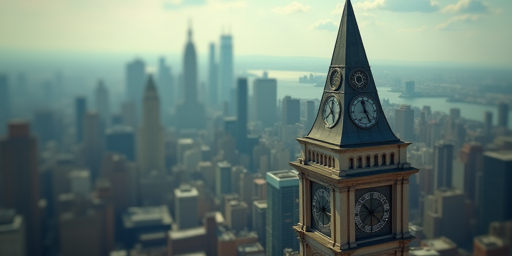 a view of a city from a high rise building with a clock tower in the foreground and a large clock on