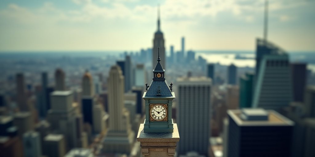 a view of a city from a high rise building with a clock tower in the foreground and a large clock on