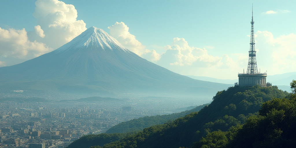 a view of a city with a mountain in the background and a radio tower on top of it with a mountain in