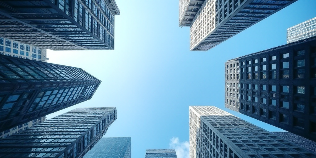 a view of a city with tall buildings and a blue sky in the background, looking up at the sky, Enguer