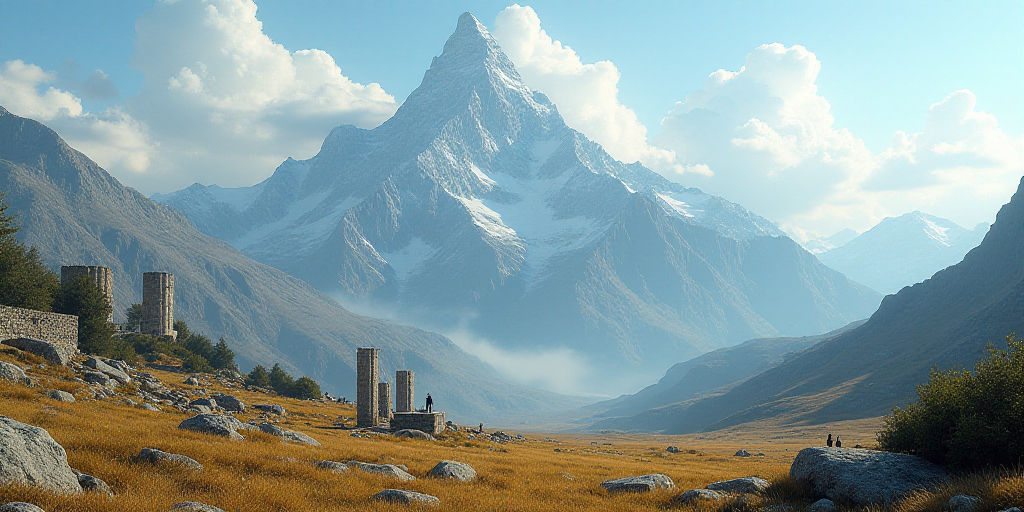 a view of a mountain range with a few ruins in the foreground and a few people standing on the other
