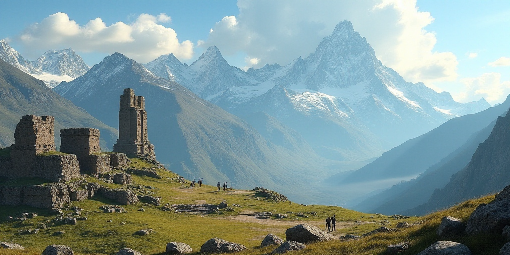 a view of a mountain range with a few ruins in the foreground and a few people standing on the other