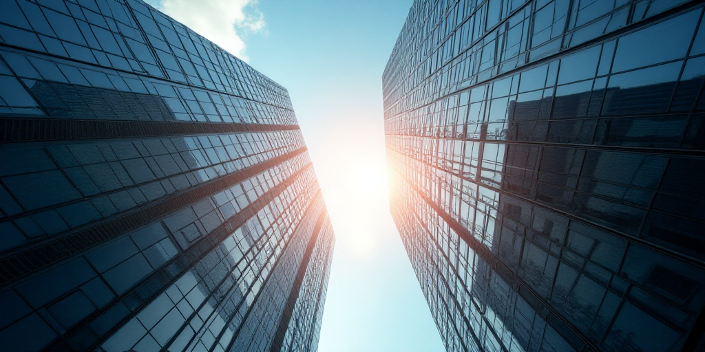 a view of a very tall building from the ground up in the air with the sun shining through the window