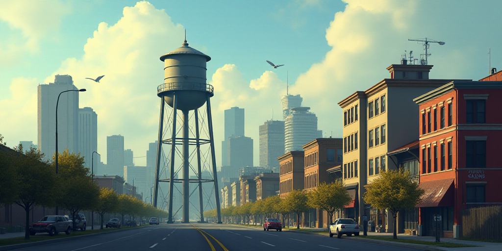 a water tower is seen in the distance behind a row of buildings in a city area with tall buildings,
