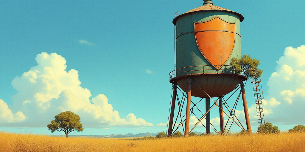 a water tower with a shield on it and a tree in the background with a sky background and a few cloud