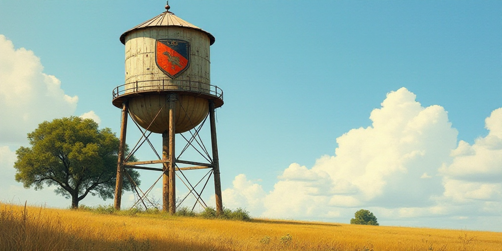 a water tower with a shield on it and a tree in the background with a sky background and a few cloud