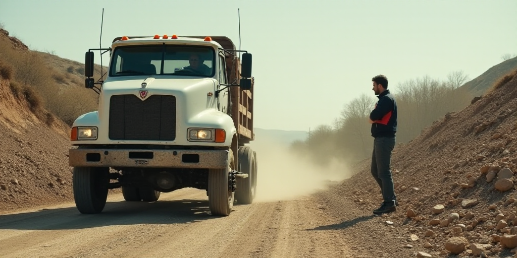 a white truck driving down a dirt road next to a pile of rubble and a man standing next to it, De Hi