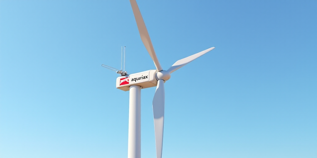 a white wind turbine with a red and white logo on it's side and a blue sky behind it, Aquirax Uno, u