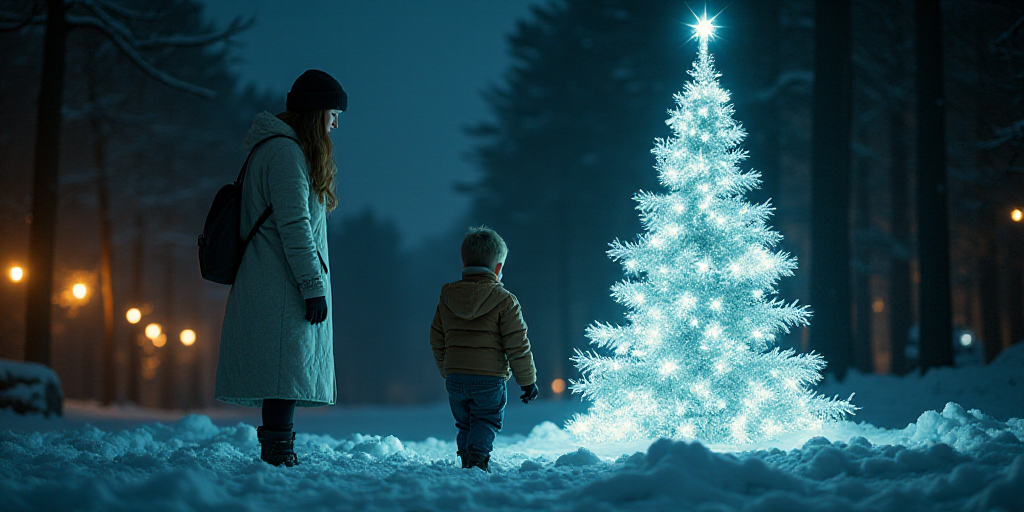 a woman and a boy are standing in front of a christmas tree and a christmas tree is in the backgroun