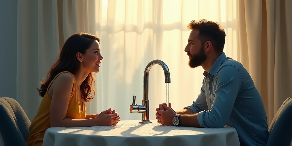 a woman and a man are sitting at a table with a water faucet in front of them, Avgust Černigoj, wat