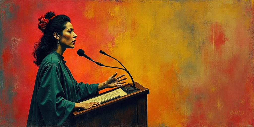 a woman giving a speech at a podium with her hand out to the side of the podium and a microphone in