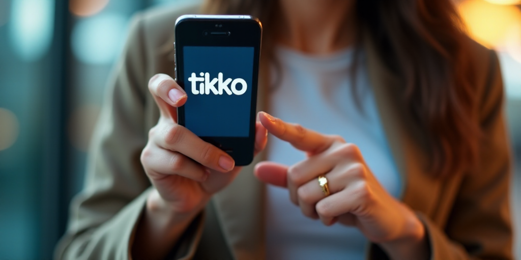 a woman holding a cell phone with the tikko logo on it and pointing to the screen with her finger, A