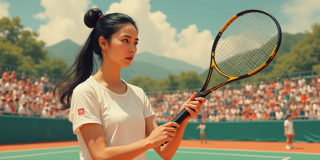 a woman holding a tennis racquet in her hand while standing on a court with a crowd of people, Dai X