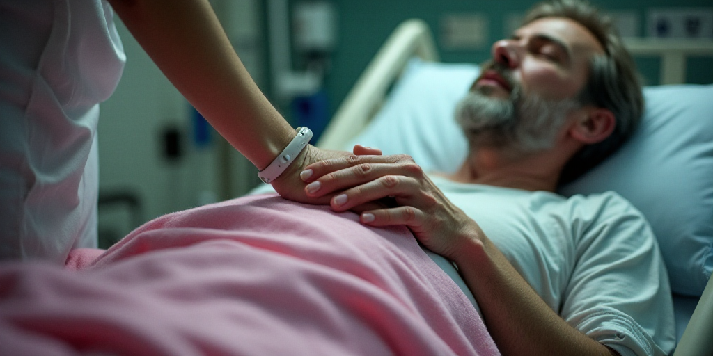 a woman holding the hand of a man in a hospital bed with a pink blanket on top of it, Évariste Vita