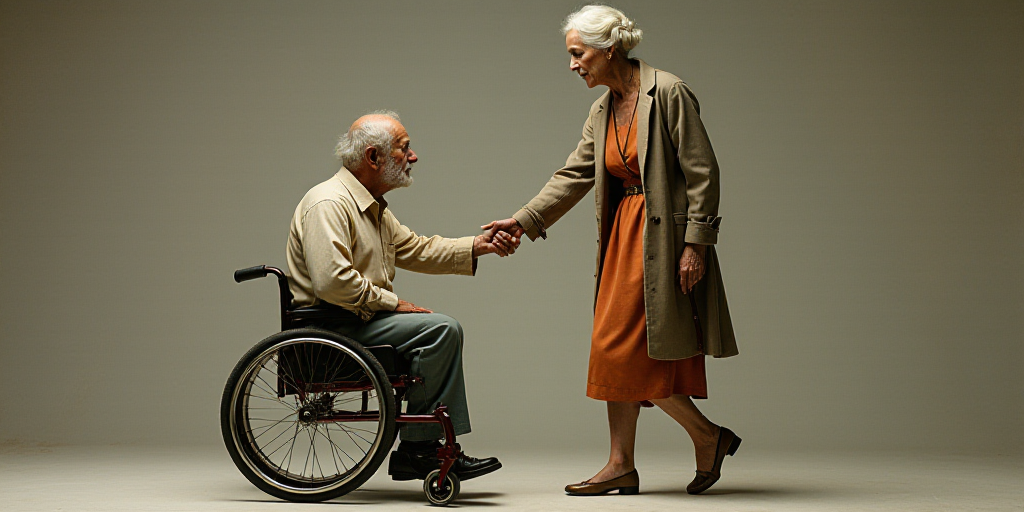a woman holding the hand of a man in a wheelchair with a cane in her hand and a cane in her hand, É