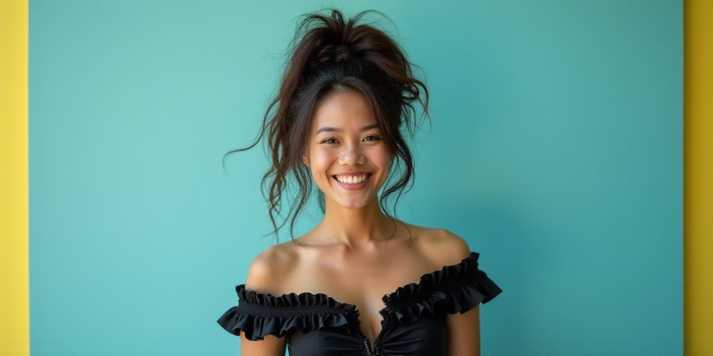 a woman in a black dress is smiling for a picture with a blue background and a yellow border around