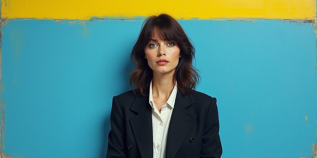 a woman in a black jacket and white shirt is standing in front of a blue background with a yellow bo