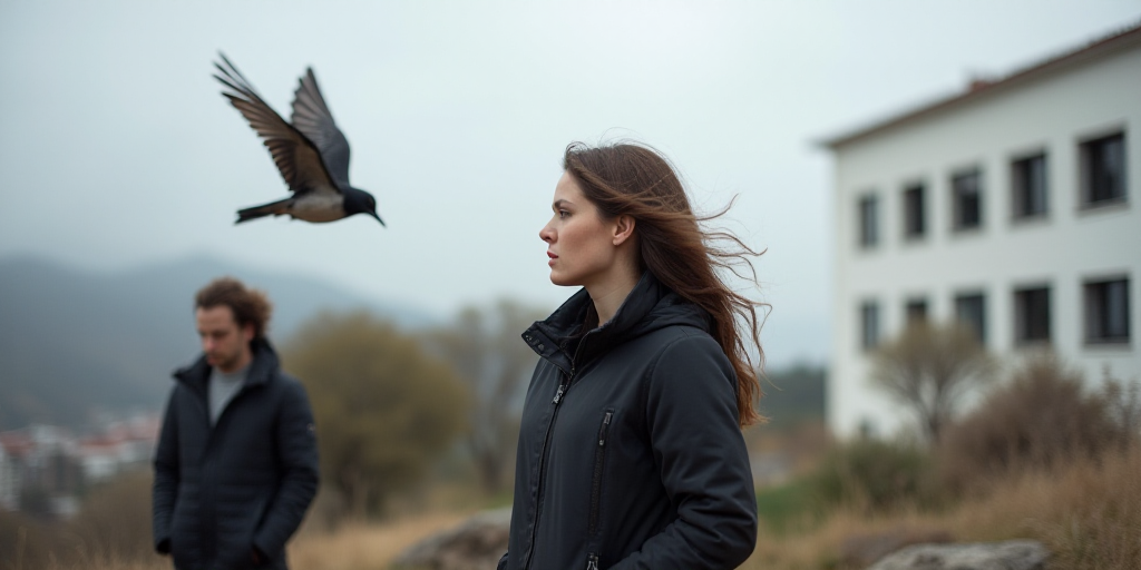 a woman in a black jacket and a bird flying in the air near her and a man in a black jacket and a wh