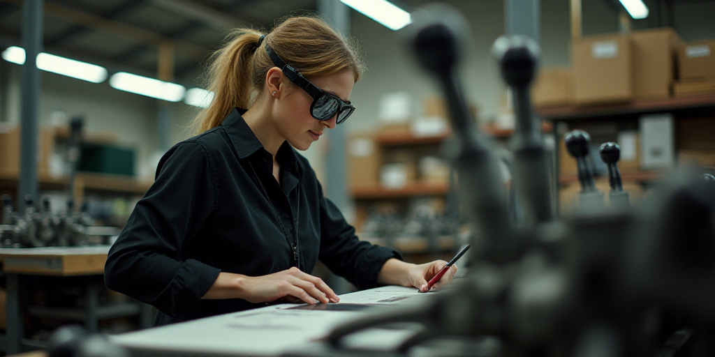a woman in a black shirt and goggles working on a machine in a factory or workshop with a lot of she