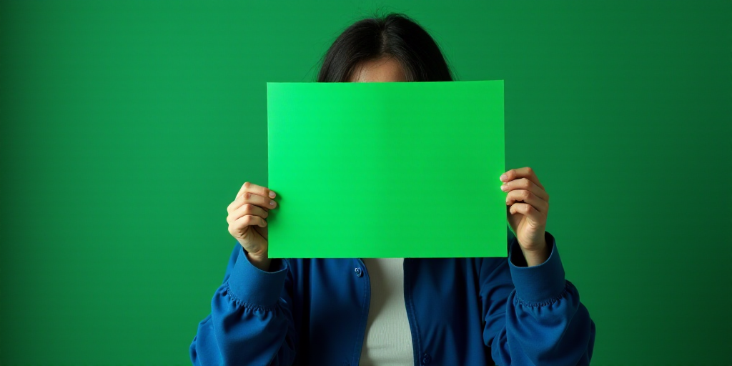 a woman in a blue jacket holding a green piece of paper over her face in front of a computer screen,