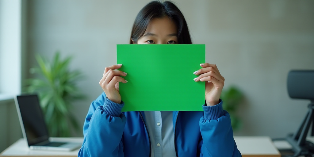 a woman in a blue jacket holding a green piece of paper over her face with a computer in the backgro