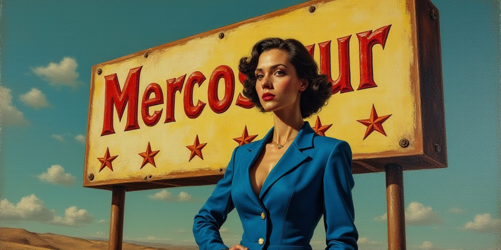 a woman in a blue suit standing in front of a sign that says mercosur and stars on it, Camille Soute