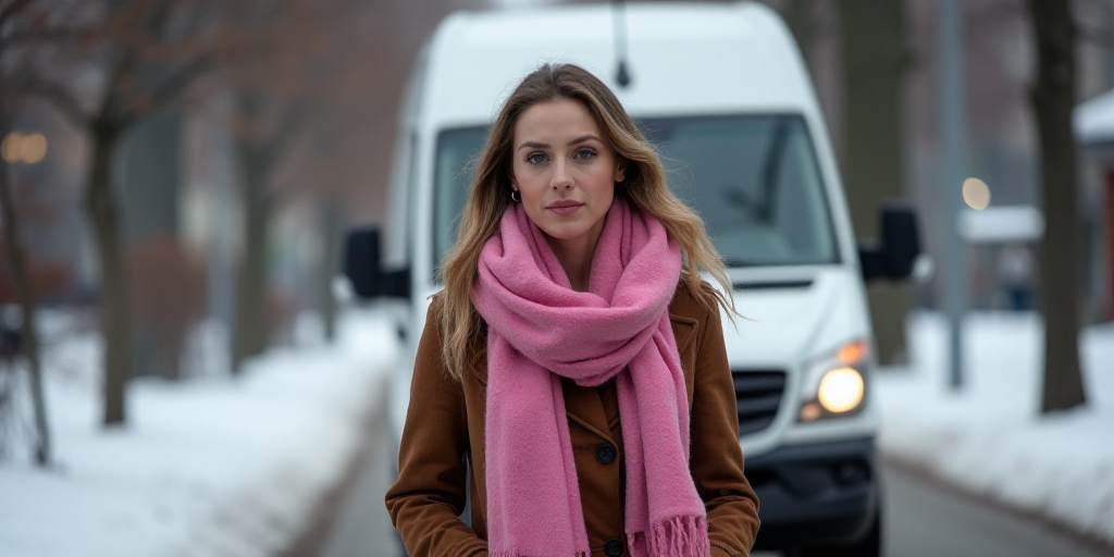 a woman in a pink scarf is walking down the street with a white van behind her and a white van behin