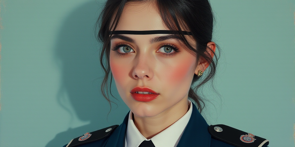 a woman in a police uniform with a thin black strip across her forehead and a thin black strip acros