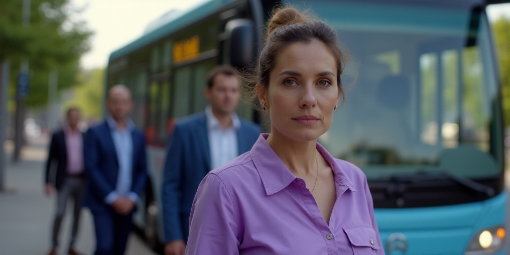 a woman in a purple shirt is standing in front of a bus with other people behind her and a man in a