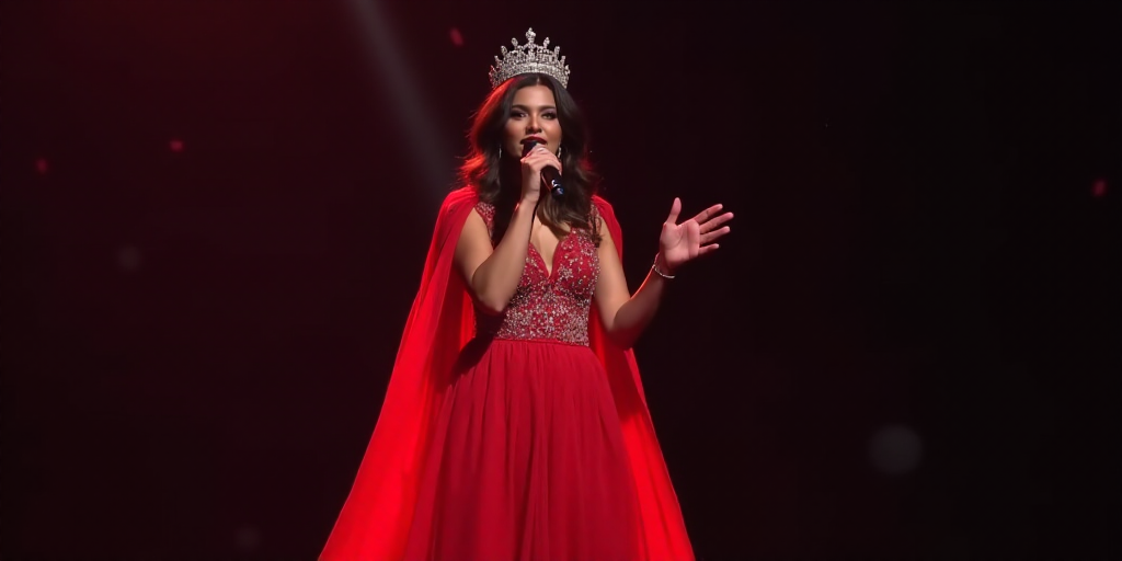 a woman in a red dress and a crown on stage with a microphone in her hand and a red cape on her shou