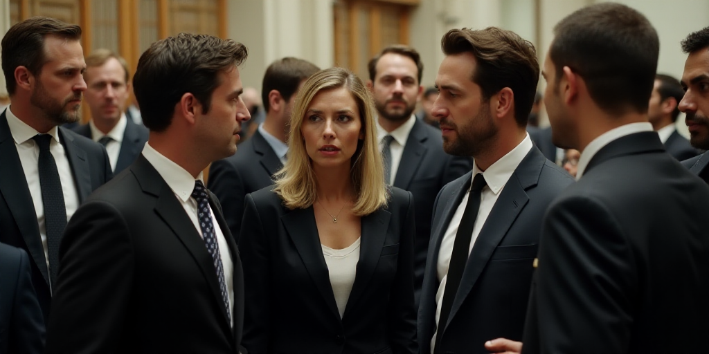 a woman in a suit talking to two men in a crowd of people in suits and ties, all looking at somethin