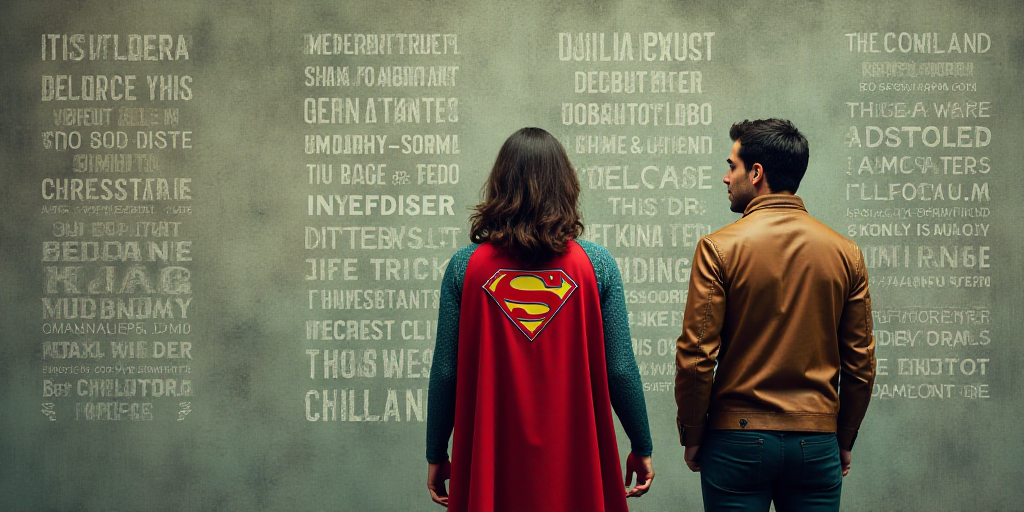 a woman in a superman costume standing in front of a wall with many messages on it and a man in a br