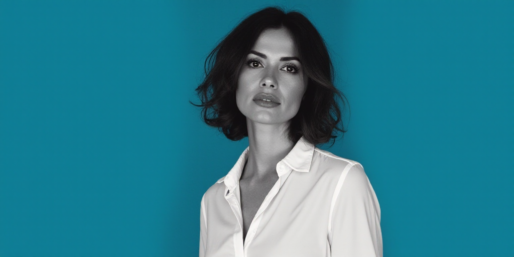 a woman in a white shirt and a blue background with a black and white photo of her and the words cla