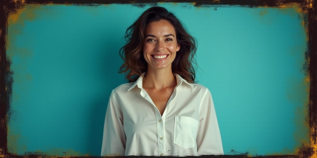 a woman in a white shirt is smiling for the camera with a blue background and a black and yellow bor