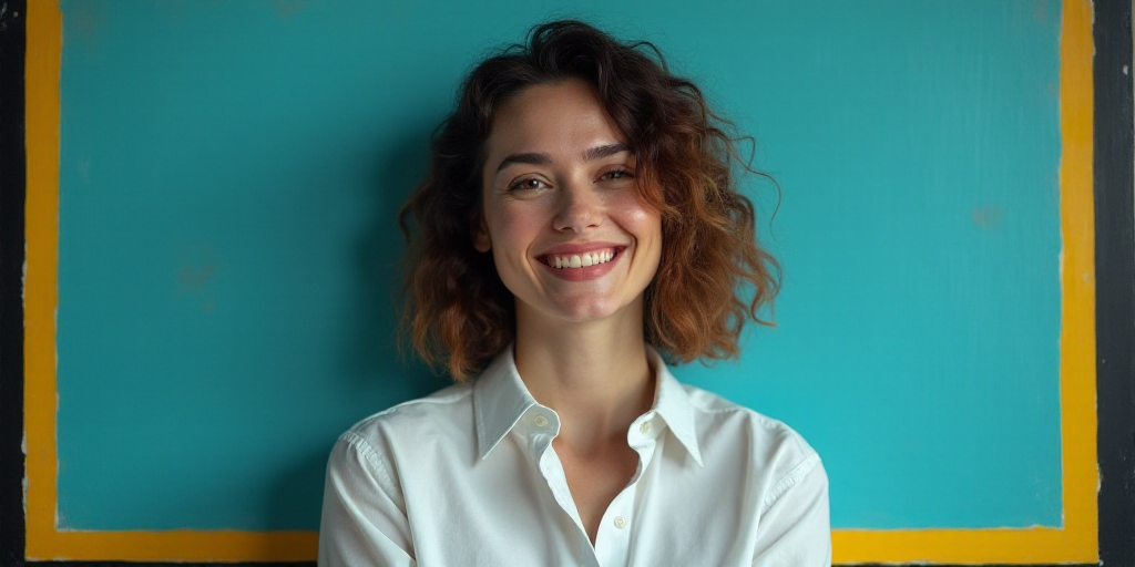 a woman in a white shirt is smiling for the camera with a blue background and a black and yellow bor