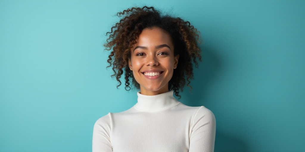 a woman in a white top is smiling for the camera with a blue background and a black and yellow borde